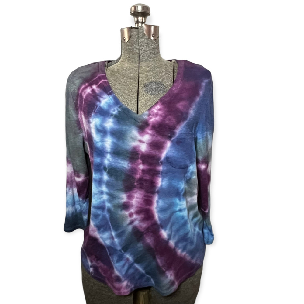 Re-Worked Hand Tie Dyed Purple, Blue, Grey Marled Essentials Women's Top Size XL